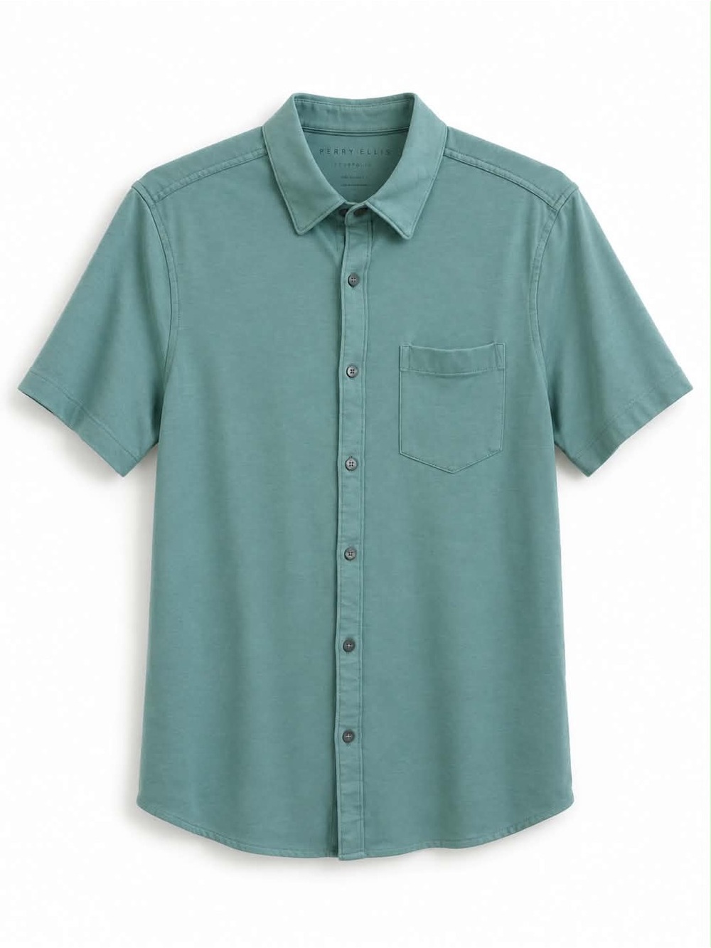 Perry Ellis Teal Short-Sleeve Jersey Cotton Button-Up Shirt – Size Medium EUC